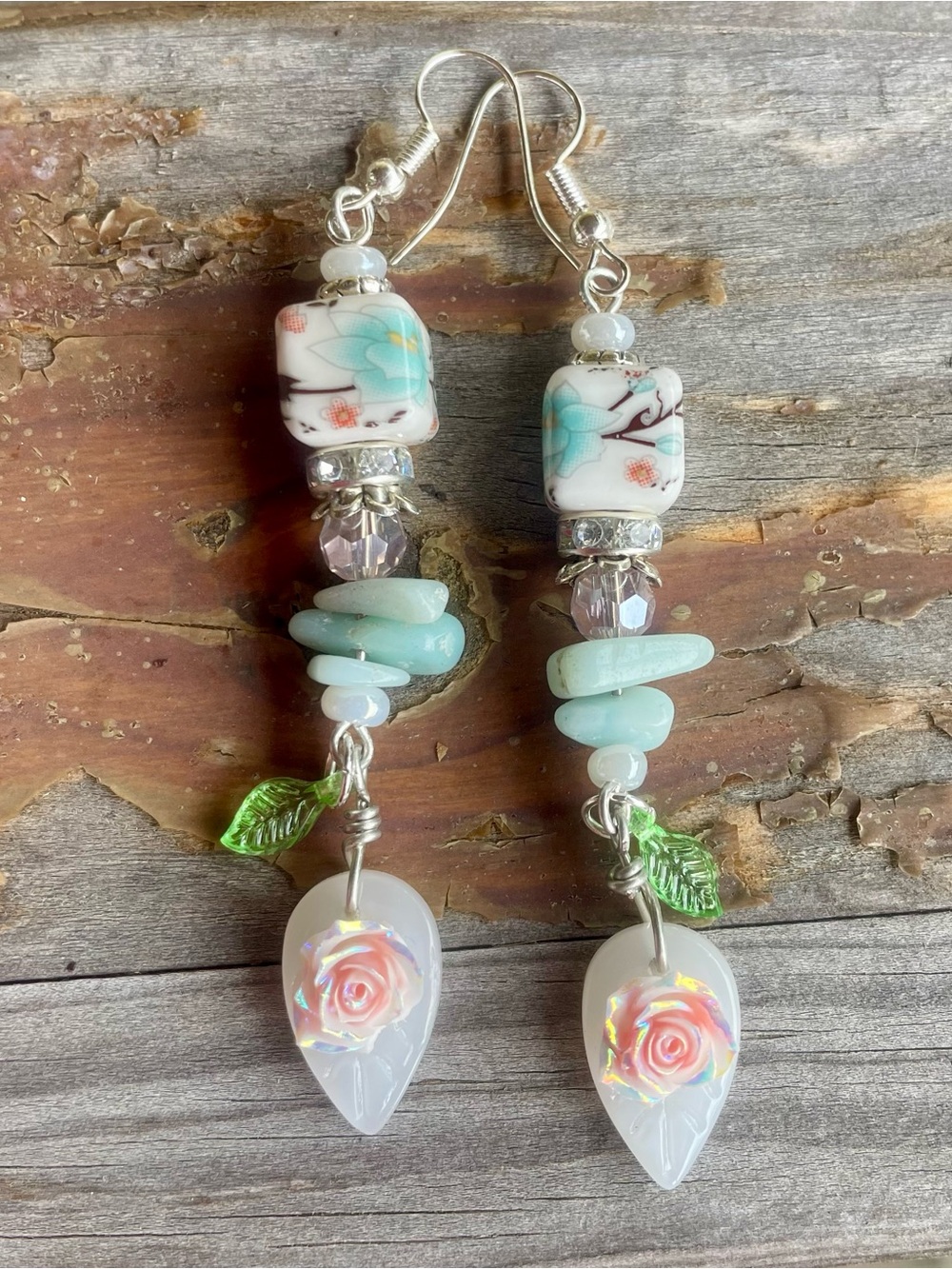 Hand Crafted Blue Larimar, Pink Rose and Green Floral Drop Earrings
